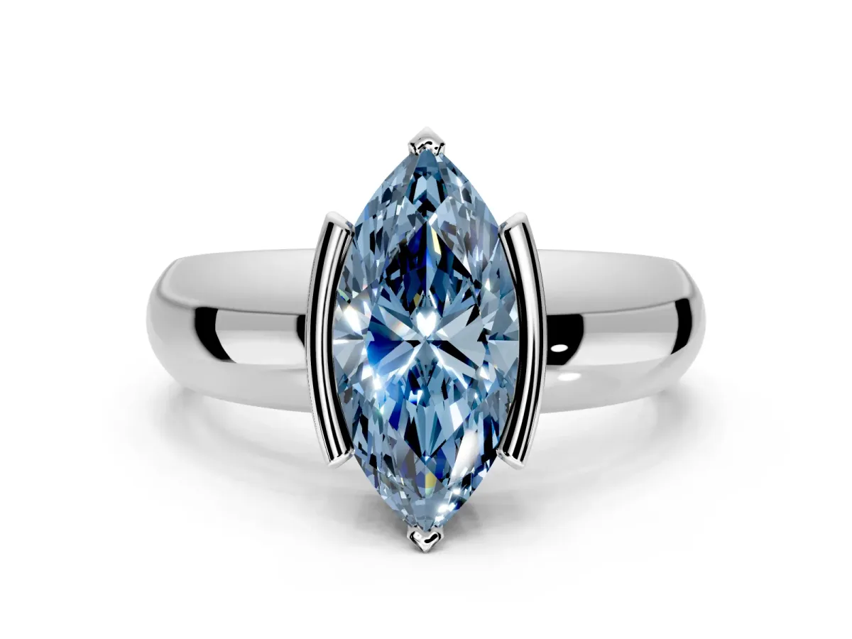 Tension Engagement Ring Setting for Fancy Blue Marquise Center with Wide Flat Band and Tension Head in Platinum