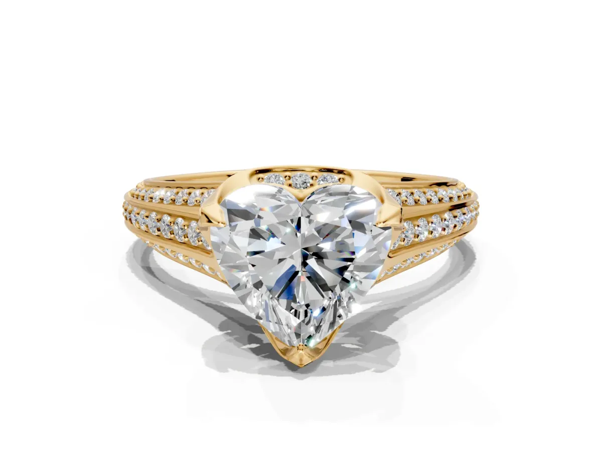 Solitaire Engagement Ring Setting for Heart-Shaped Center with Accented Split Shank and Prong Head in Yellow Gold