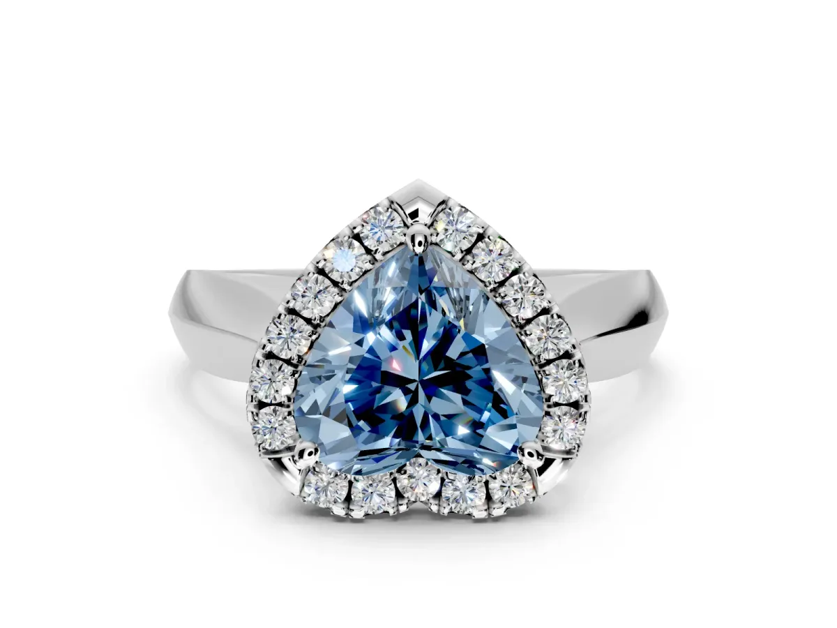 Halo Engagement Ring Setting for Fancy Blue Heart-Shaped Center with Square Band and Prong Head in Platinum