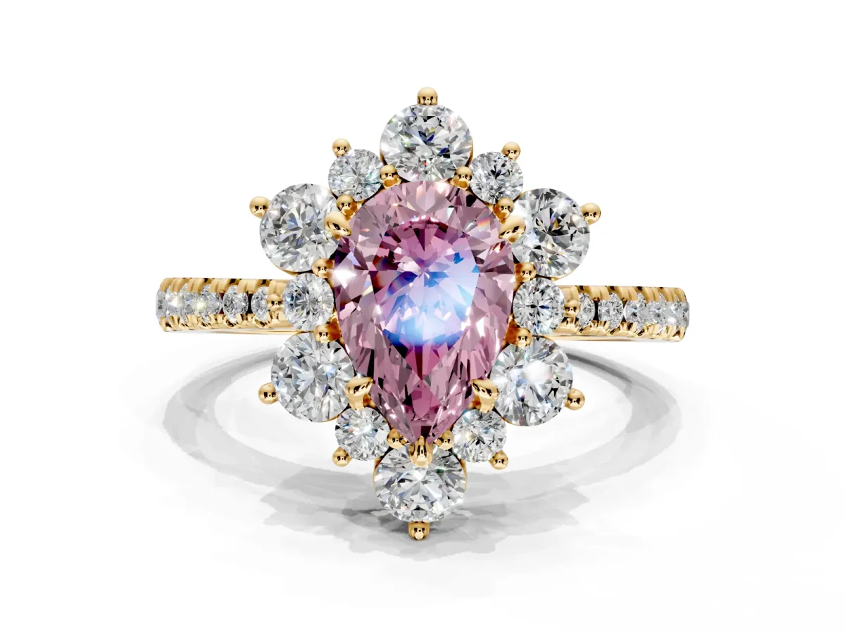 Floral Halo Engagement Ring Setting for Fancy Pink Pear-Shaped Center with Pave Accents and Prong Head in Yellow Gold