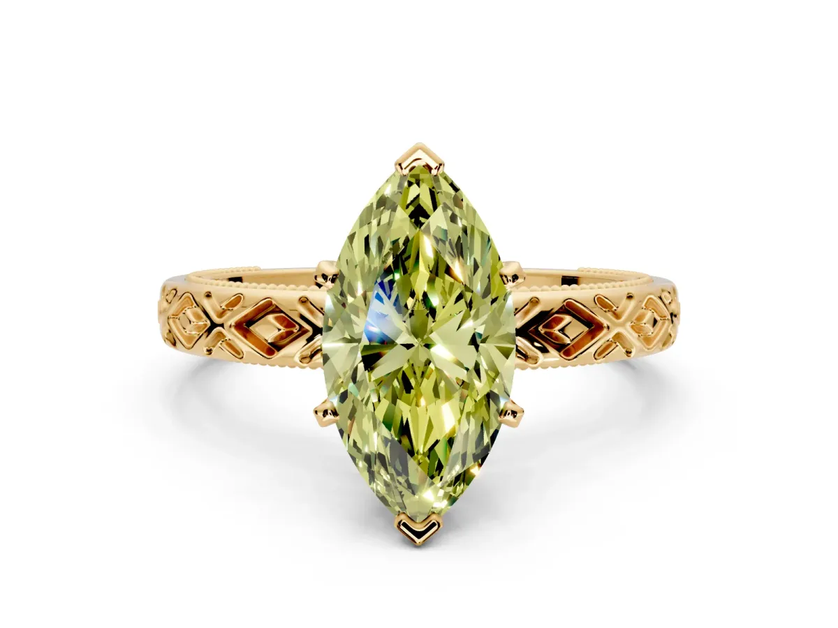 Solitaire Engagement Ring Setting for Fancy Yellow Marquise Center with Milgrain X Pattern Band and Prong Head in Yellow Gold