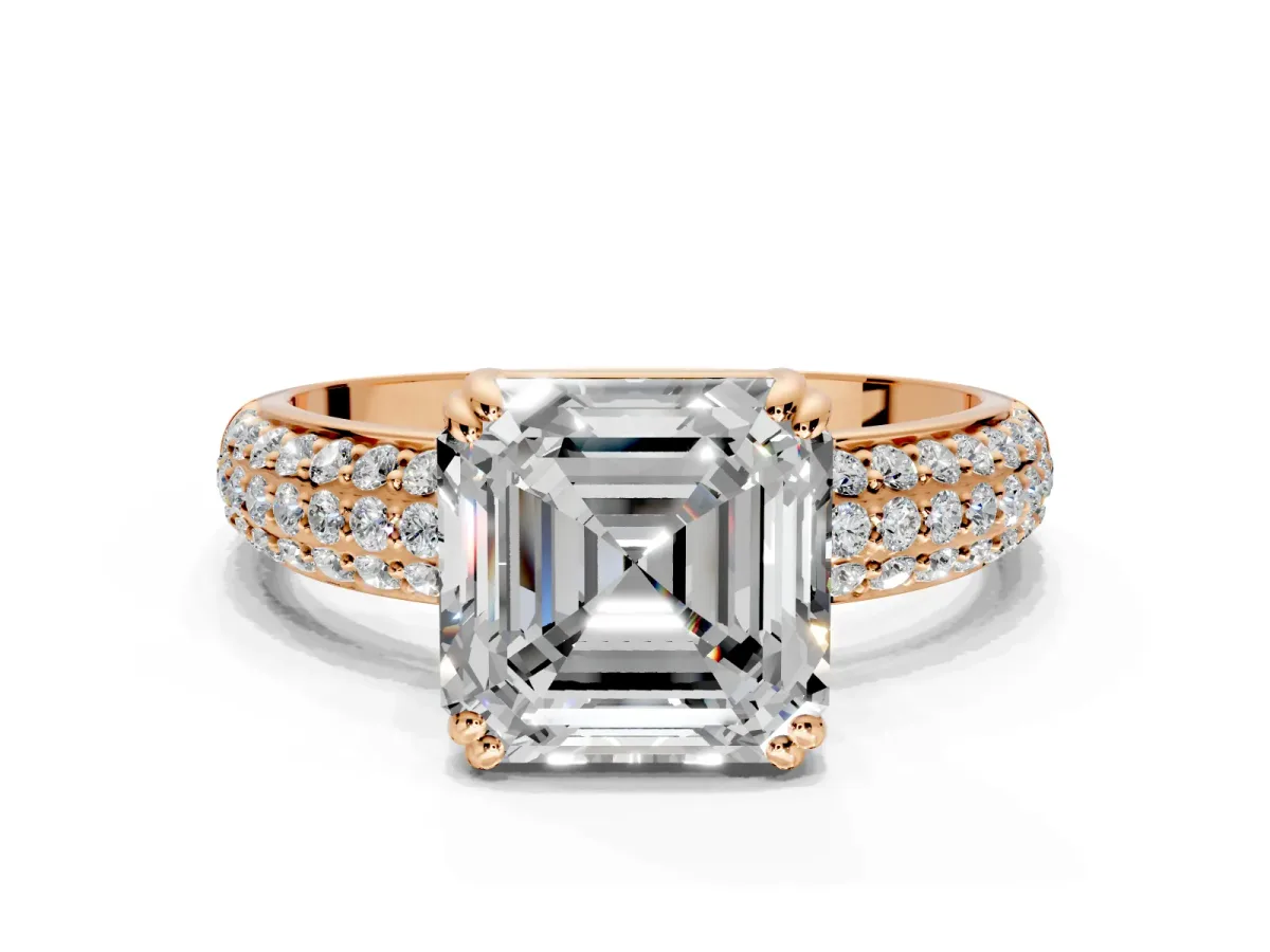 Solitaire Engagement Ring Setting for Asscher Cut Center with Multi-Row Pave Accents and Basket Head in Rose Gold