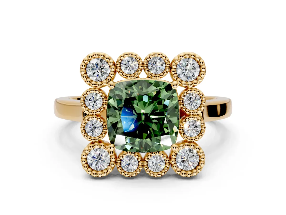 Cluster Halo Engagement Ring Setting for Fancy Green Cushion Cut Center with Milgrain Bezel Accents and Prong Head in Yellow Gold