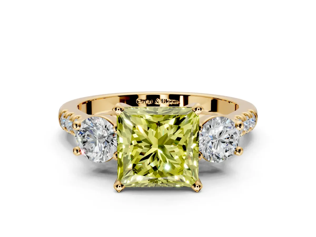 3 Stone Engagement Ring Setting for Fancy Yellow Princess Cut Center with Crossover Basket, Pave Band and Prong Head in Yellow Gold