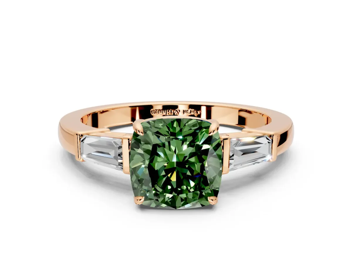 3 Stone Engagement Ring Setting for Fancy Green Cushion Cut Center with Baguette Accents and Prong Head in Rose Gold