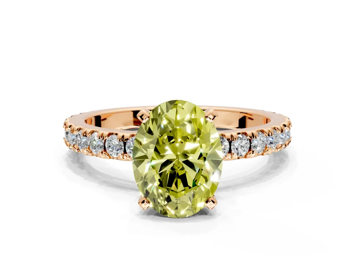 Solitaire Engagement Ring Setting for Fancy Yellow Oval Center with Fine Pave Band and Claw Prong Head in Rose Gold