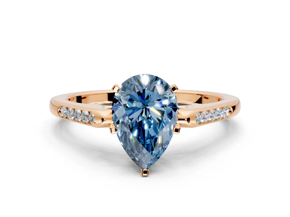 Solitaire Engagement Ring Setting for Fancy Blue Pear-Shaped Center with Channel Accents and Prong Head in Rose Gold