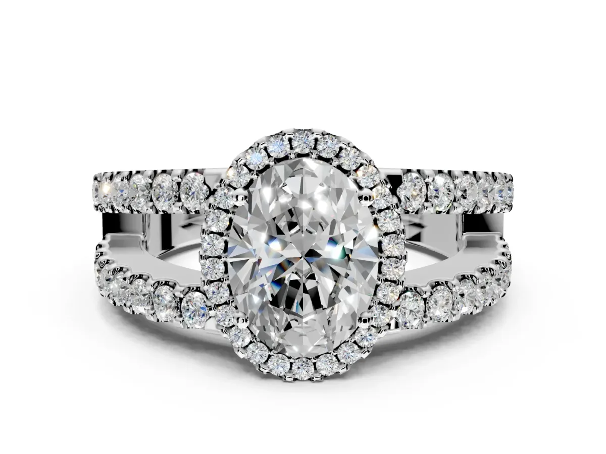 Halo Engagement Ring Setting for Oval Center with Wide-Open Pave Split Shank and Prong Head in Platinum