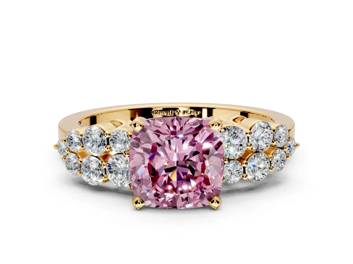 Cluster Engagement Ring Setting for Fancy Pink Cushion Cut Center with 2-Row Shoulder Clusters and Prong Head in Yellow Gold