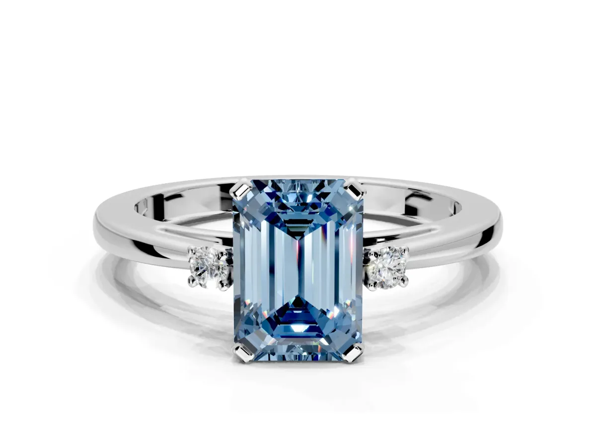 3 Stone Engagement Ring Setting for Fancy Blue Emerald Cut Center with Low-Set Round Cut Accents and Prong Head in Sterling Silver