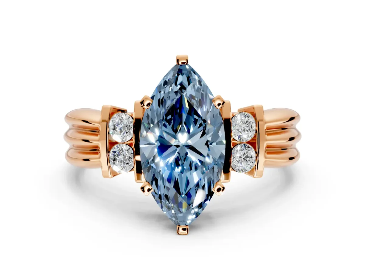 Solitaire Engagement Ring Setting for Fancy Blue Marquise Center with Grooved Bar Accent Band and Prong Head in Rose Gold