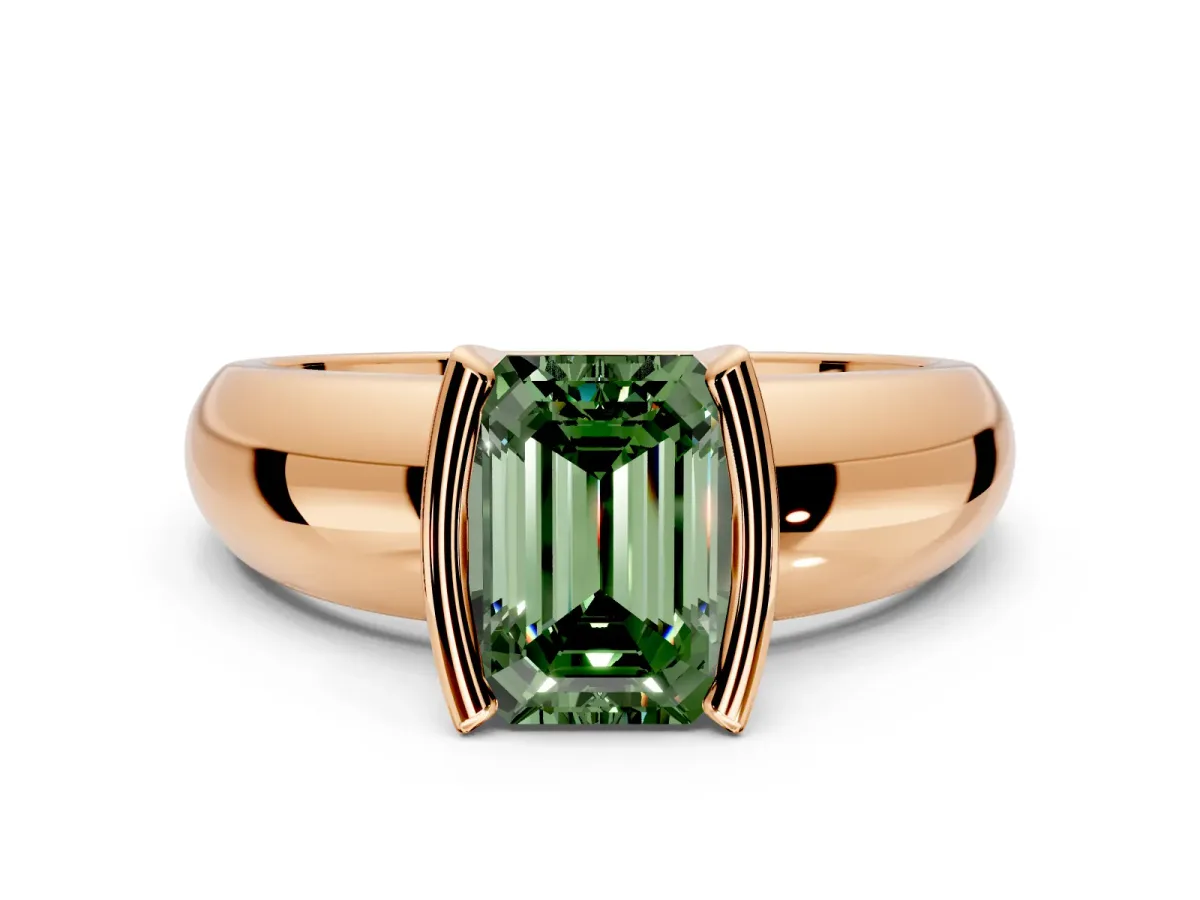 Tension Engagement Ring Setting for Fancy Green Emerald Cut Center with Wide Flat Band and Tension Head in Rose Gold