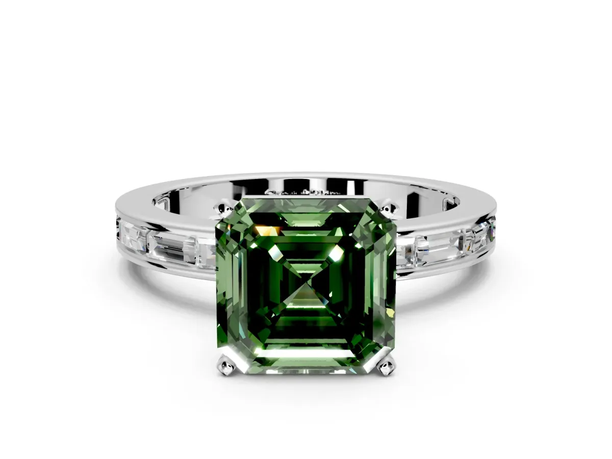 Solitaire Engagement Ring Setting for Fancy Green Asscher Cut Center with Channel Baguette Band and Prong Head in White Gold