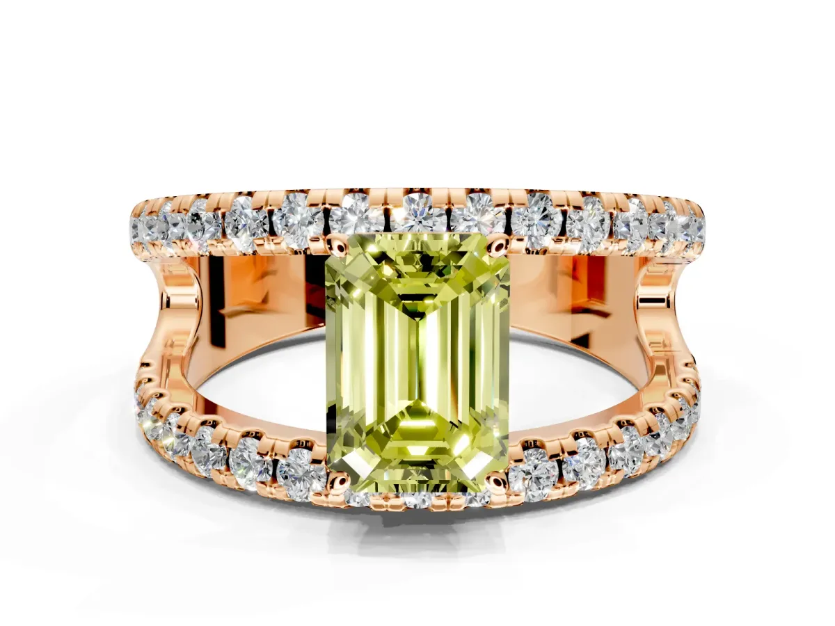 Solitaire Engagement Ring Setting for Fancy Yellow Emerald Cut Center with Wide-Open Split Shank and Prong Head in Rose Gold