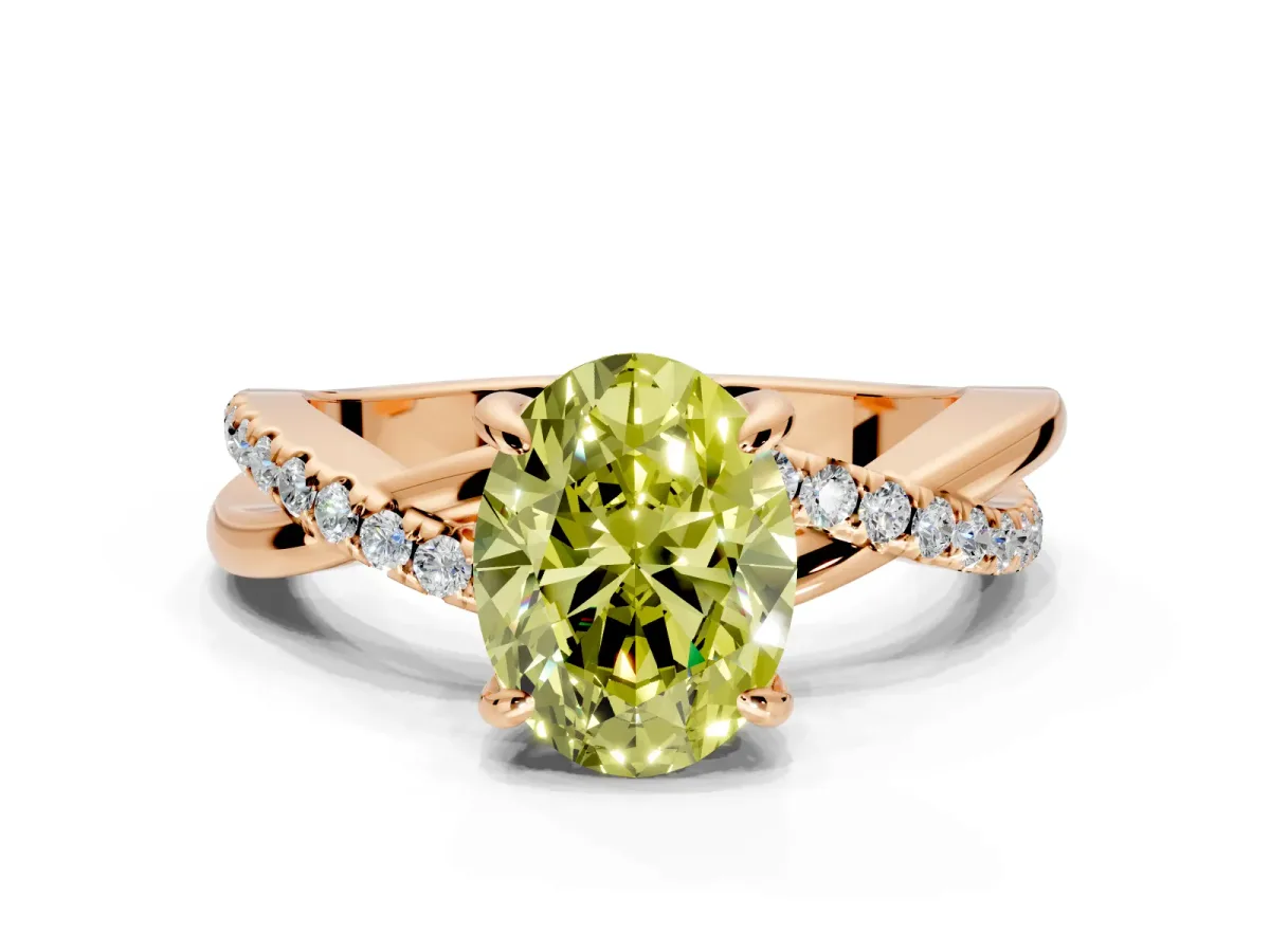 Solitaire Engagement Ring Setting for Fancy Yellow Oval Center with Half-Pave Crossover Band and Prong Head in Rose Gold