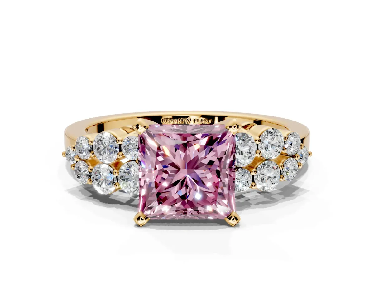 Cluster Engagement Ring Setting for Fancy Pink Princess Cut Center with 2-Row Shoulder Clusters and Prong Head in Yellow Gold