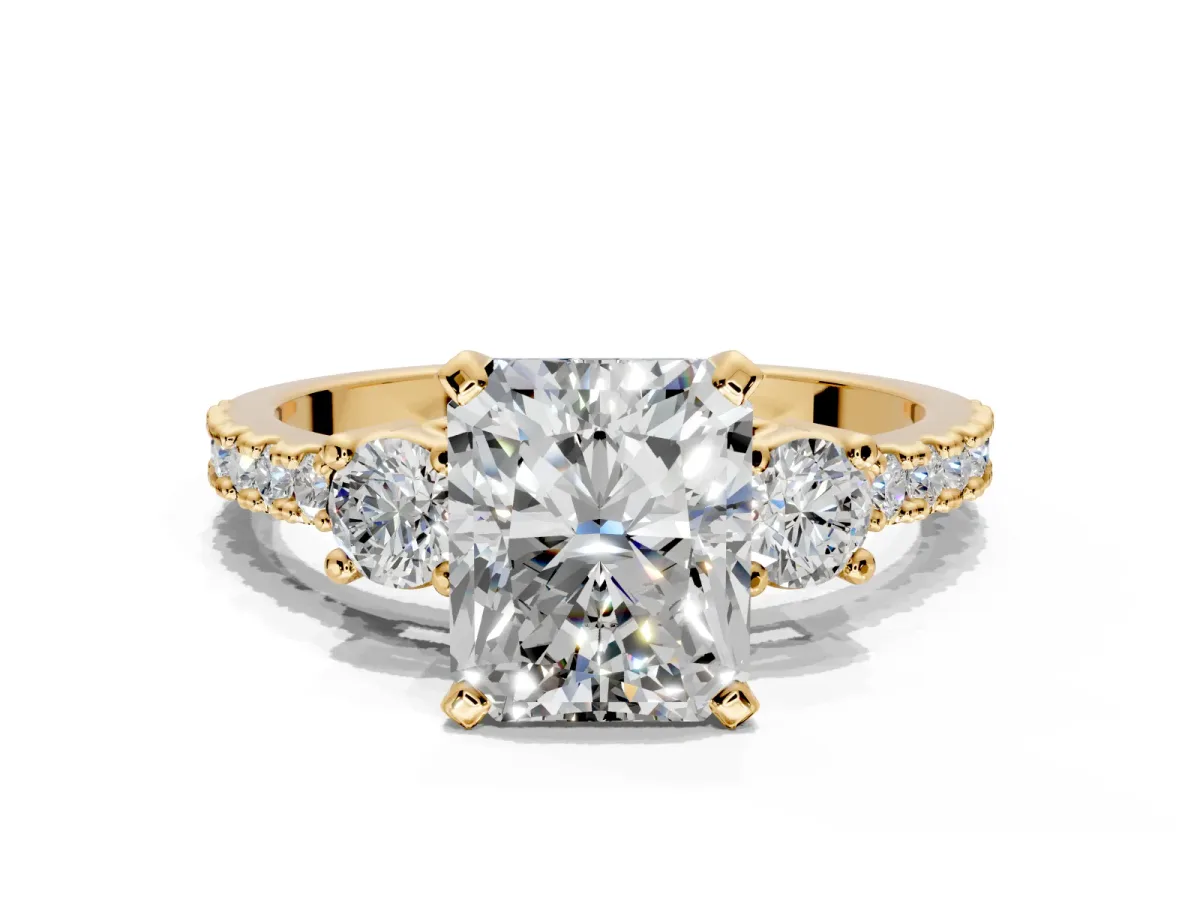 3 Stone Engagement Ring Setting for Radiant Cut Center with Round Cut Side Accents and Prong Head in Yellow Gold