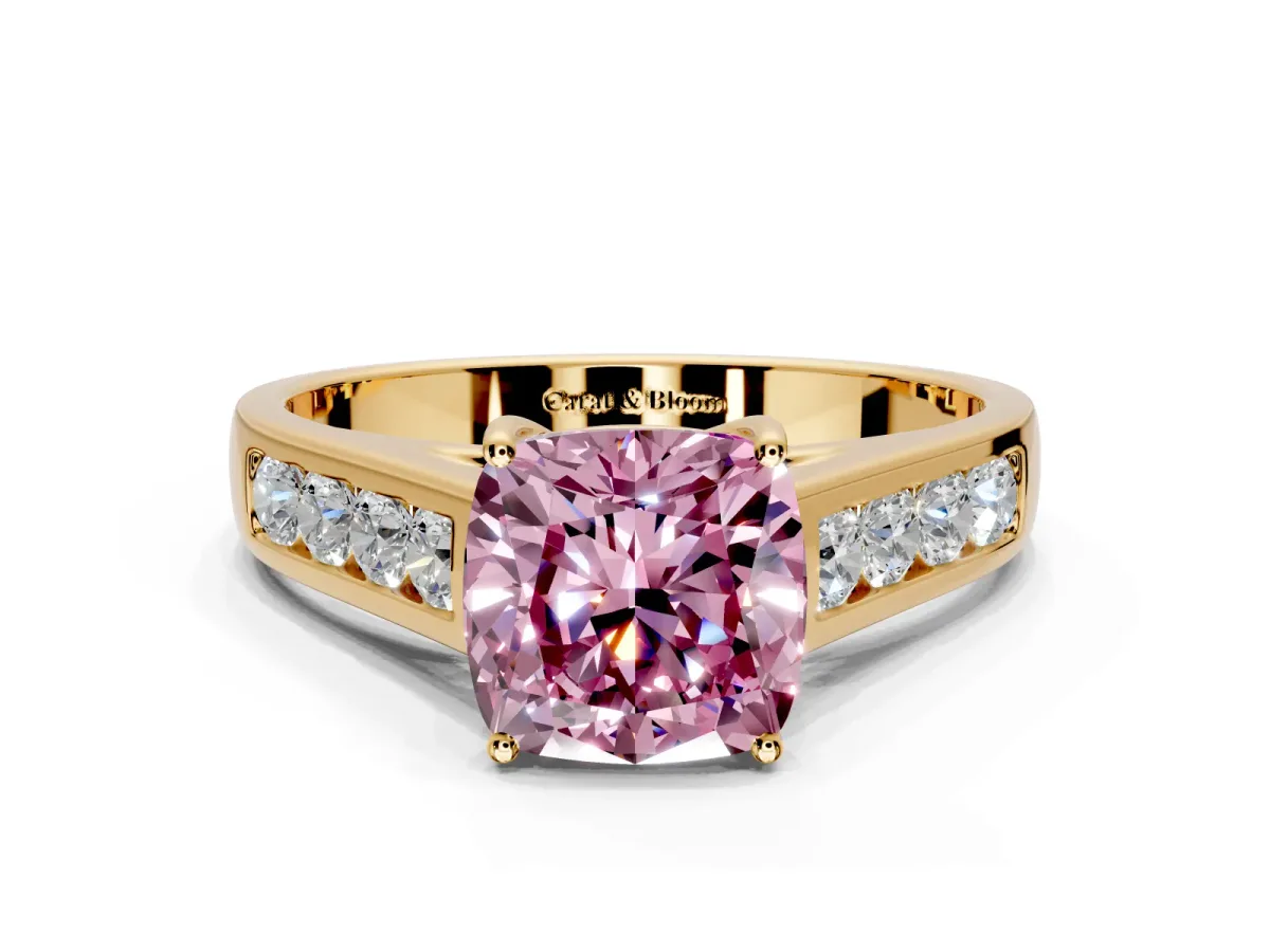 Solitaire Engagement Ring Setting for Fancy Pink Cushion Cut Center with Round Cut Channel Band and Prong Head in Yellow Gold
