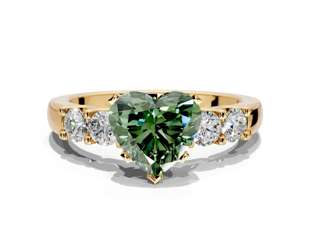 5 Stone Engagement Ring Setting for Fancy Green Heart-Shaped Center with Plain Band and Prong Head in Yellow Gold