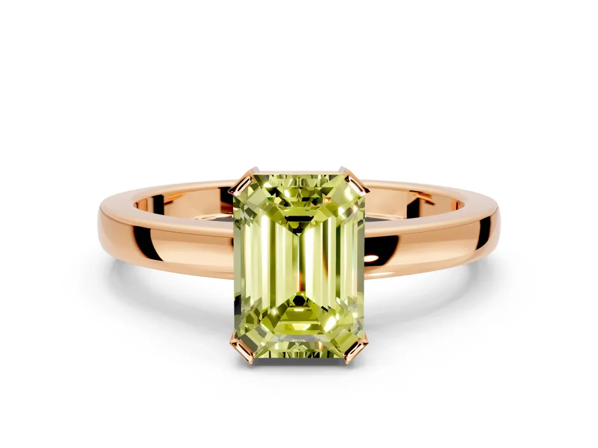Solitaire Engagement Ring Setting for Fancy Yellow Emerald Cut Center with Plain Band and Flat Tab Prong Head in Rose Gold