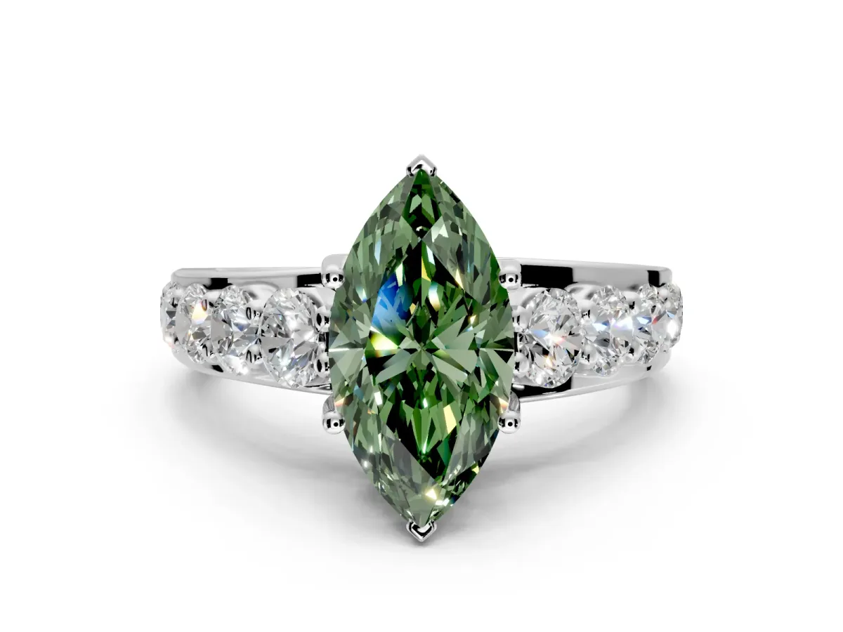 Solitaire Engagement Ring Setting for Fancy Green Marquise Center with Graduated Shared Prongs and Prong Head in Sterling Silver