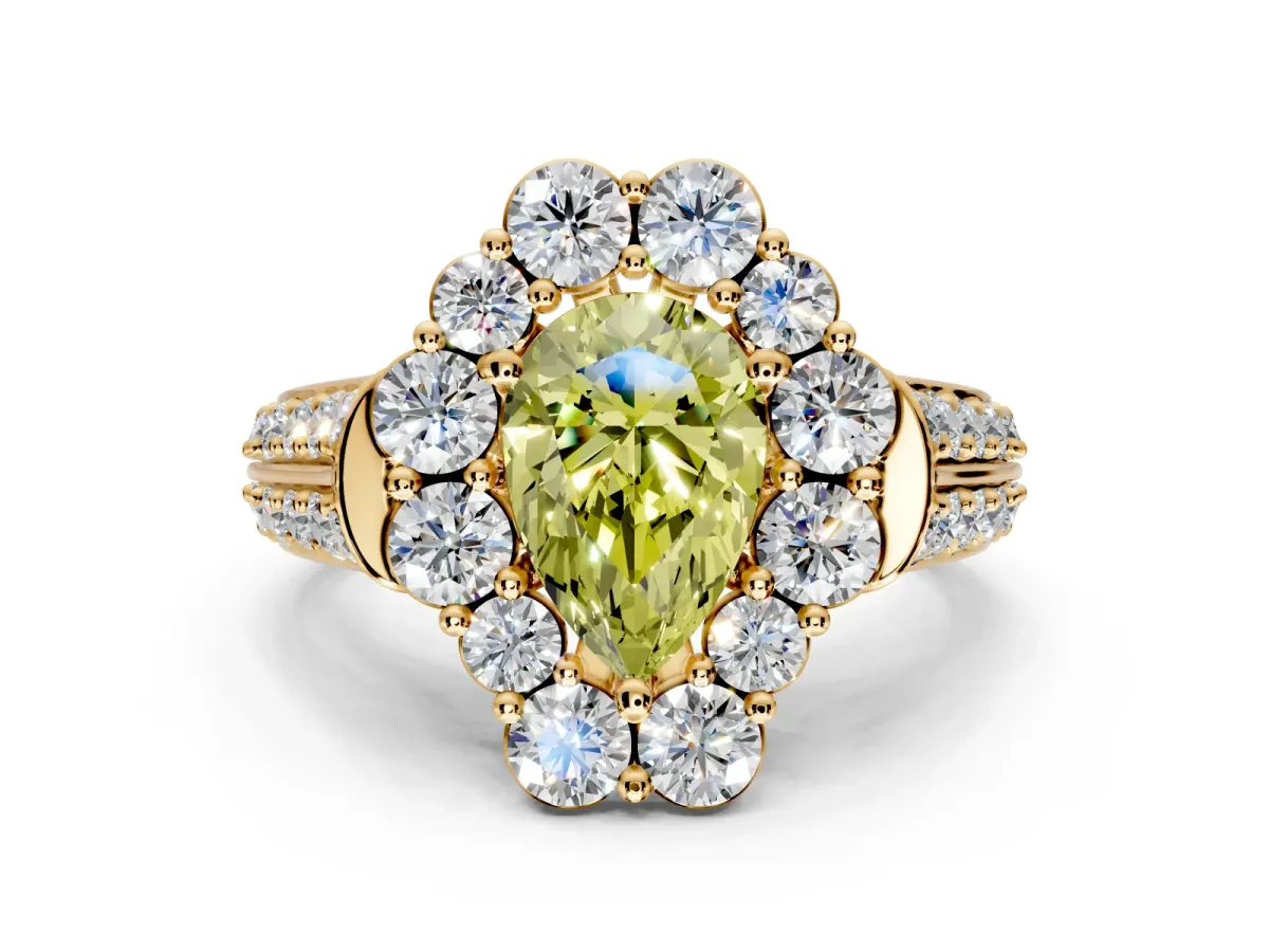 Large Accent Halo Engagement Ring Setting for Fancy Yellow Pear-Shaped Center with Pave Split Shank and Prong Head in Yellow Gold