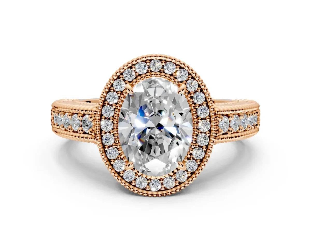 Milgrain Halo Engagement Ring Setting for Oval Center with Pave Band and Prong Head in Rose Gold