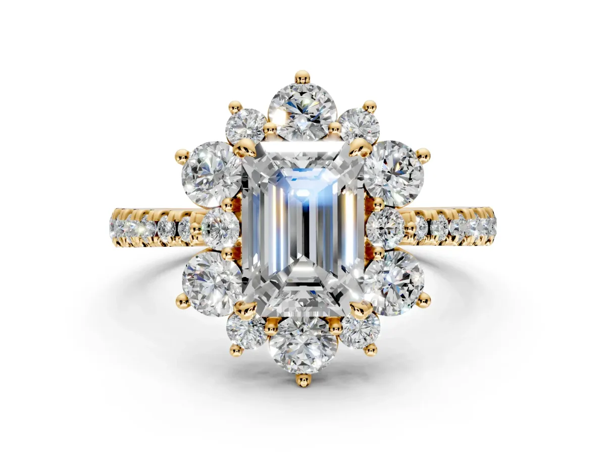 Floral Halo Engagement Ring Setting for Emerald Cut Center with Pave Accents and Prong Head in Yellow Gold