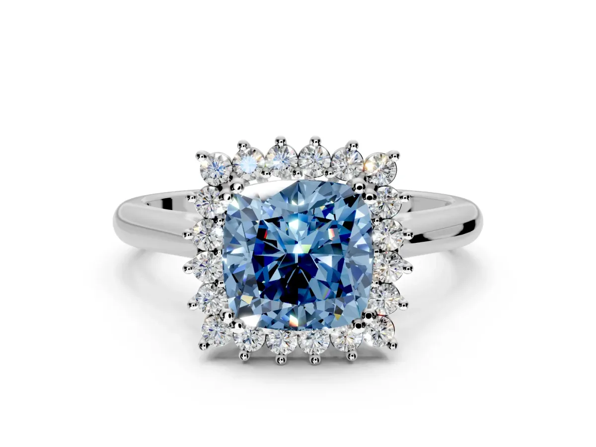 Starburst Halo Engagement Ring Setting for Fancy Blue Cushion Cut Center with Thin Round-Wire Band and Prong Head in Platinum
