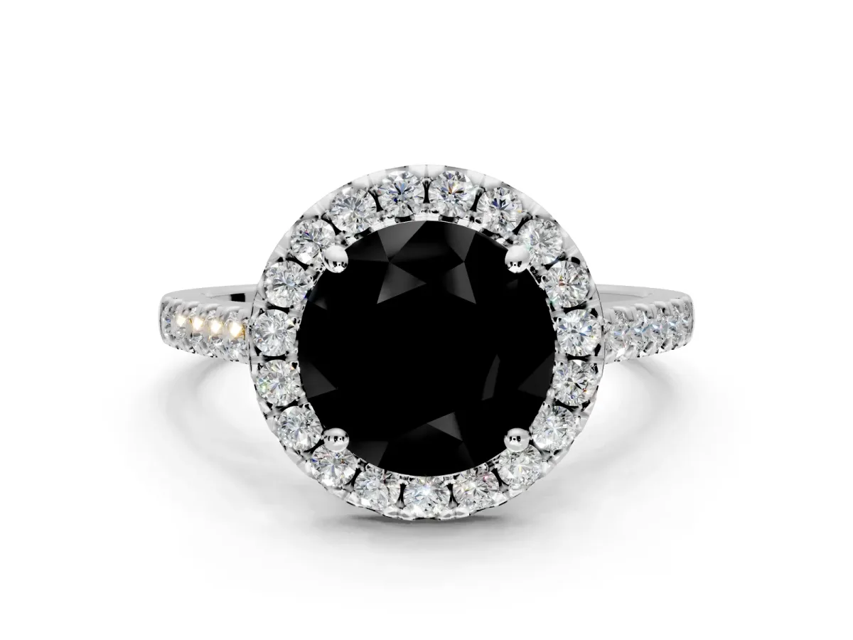 Halo Engagement Ring Setting for Fancy Black Round Cut Center with Narrowing Pave Band and Prong Head in Platinum