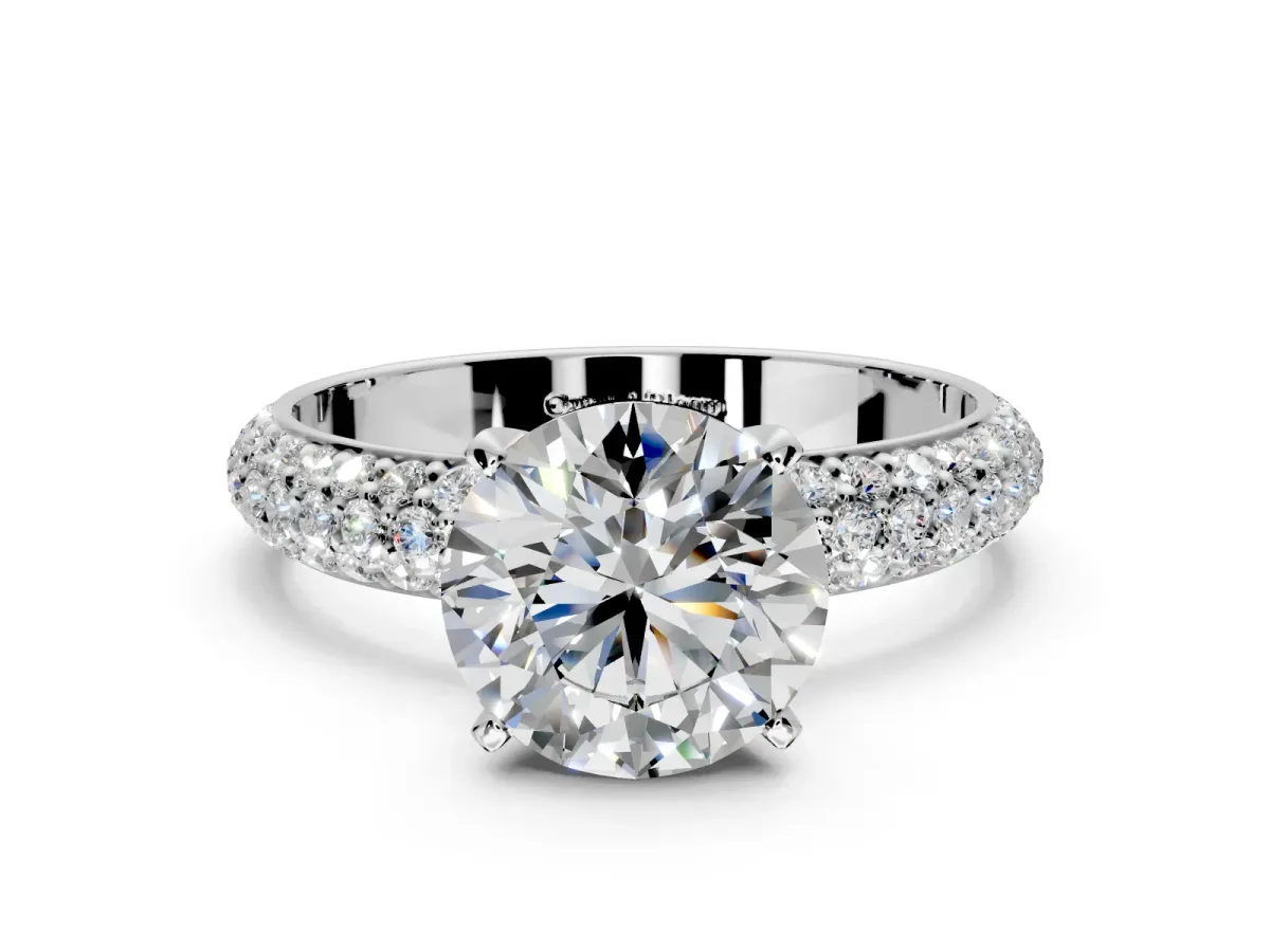 Solitaire Engagement Ring Setting for Round Cut Center with Domed Multi-Row Pave Band and Prong Head in Sterling Silver