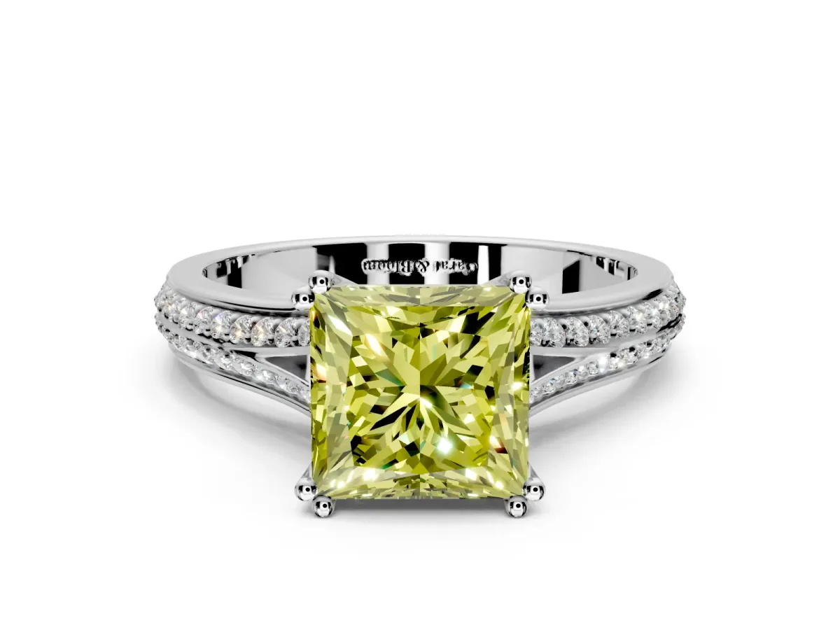 Solitaire Engagement Ring Setting for Fancy Yellow Princess Cut Center with Pave Rail Split Shank and Prong Head in Sterling Silver