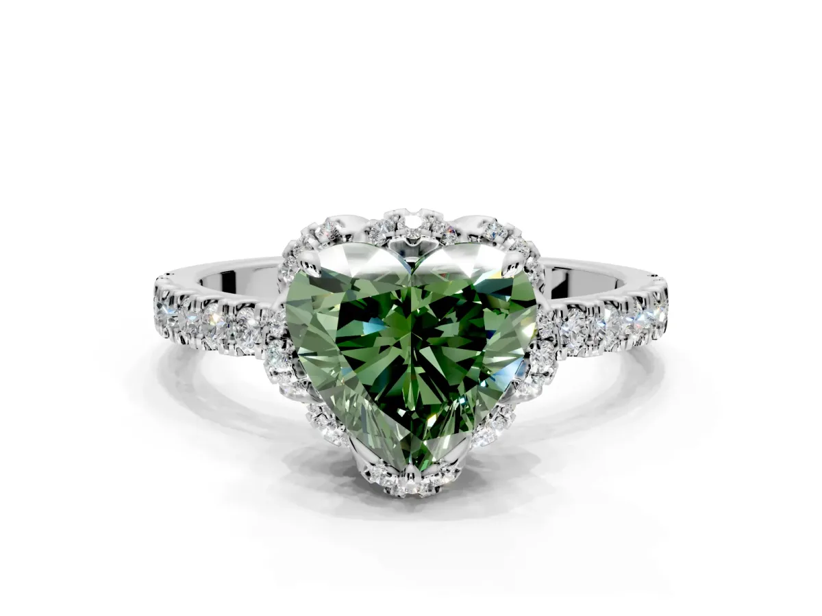 Halo Engagement Ring Setting for Fancy Green Heart-Shaped Center with Openwork Halo, Pave Band and Prong Head in Platinum