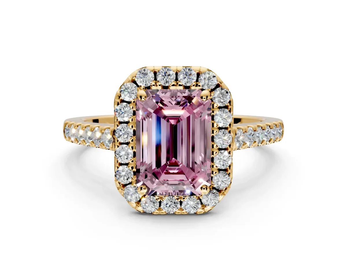 Halo Engagement Ring Setting for Fancy Pink Emerald Cut Center with Narrowing Pave Band and Prong Head in Yellow Gold