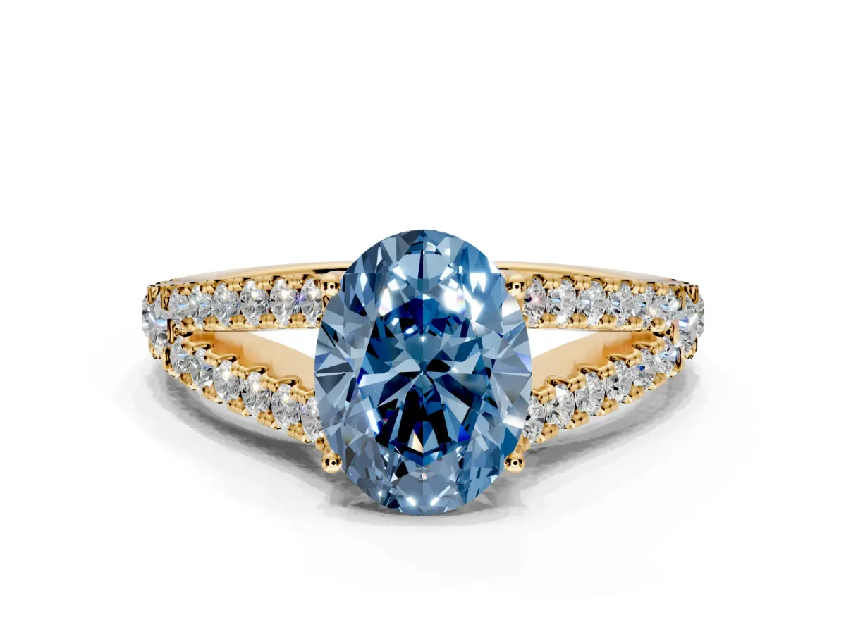 Solitaire Engagement Ring Setting for Fancy Blue Oval Center with Pave Split Shank and Prong Head in Yellow Gold