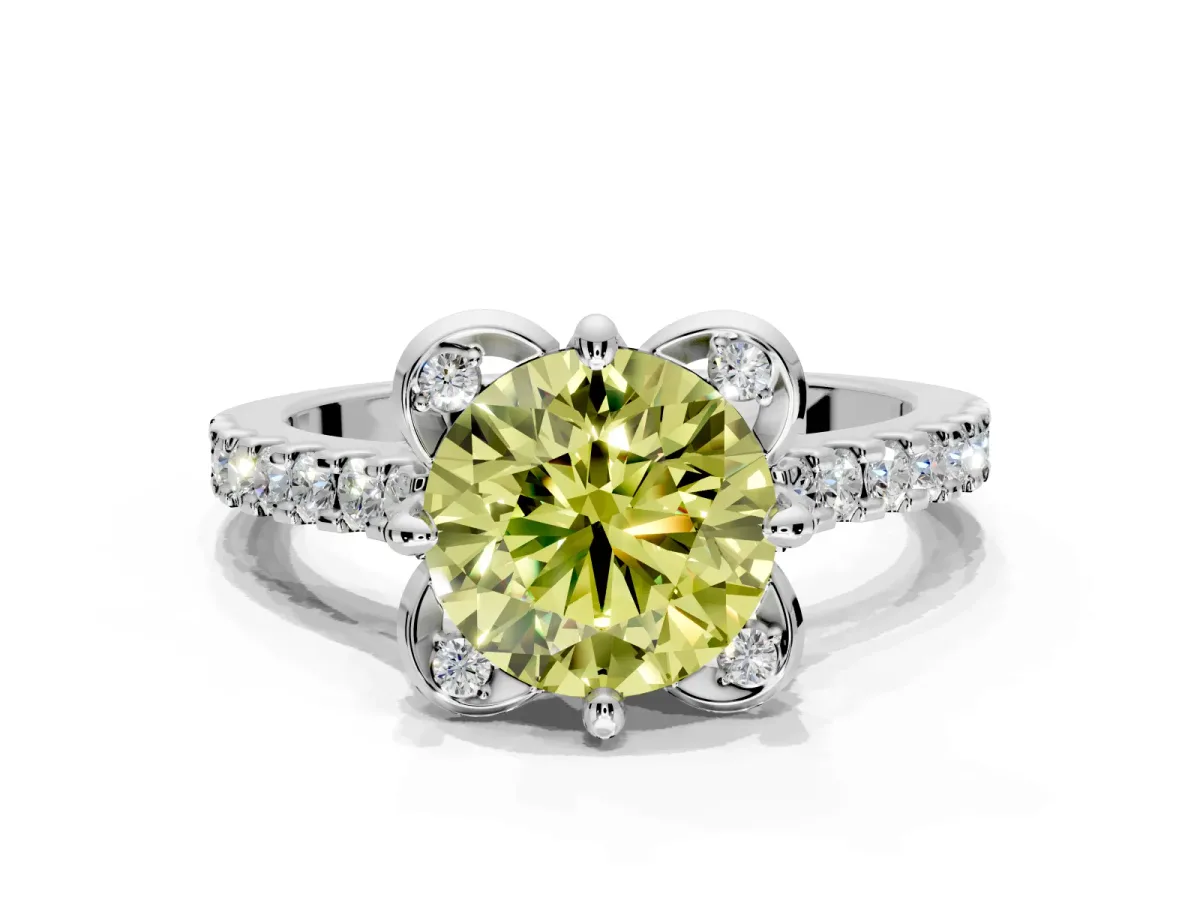 Floral Engagement Ring Setting for Fancy Yellow Round Cut Center with Pave Band and Floral Prong Head in White Gold