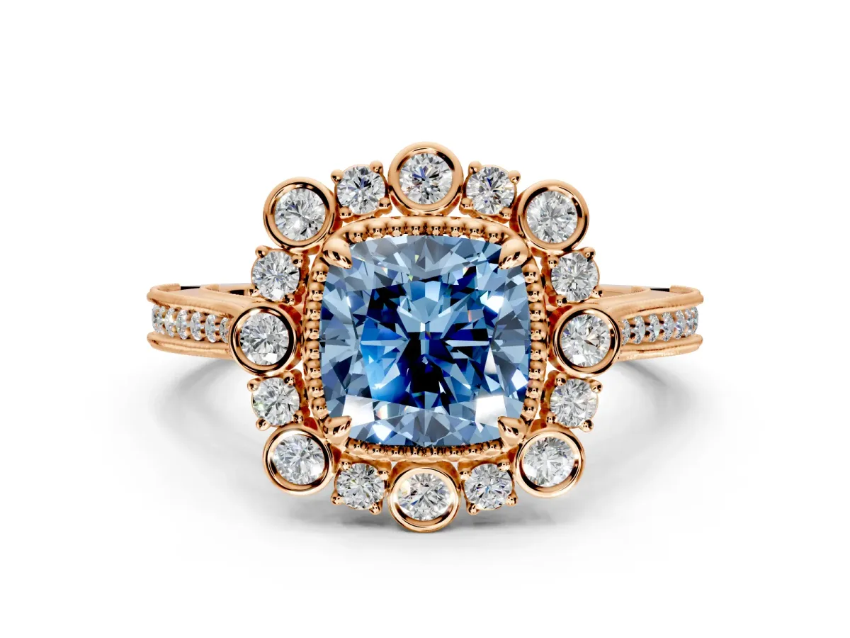 Milgrain Halo Engagement Ring Setting for Fancy Blue Cushion Cut Center with Bezel Point Accents and Prong Head in Rose Gold