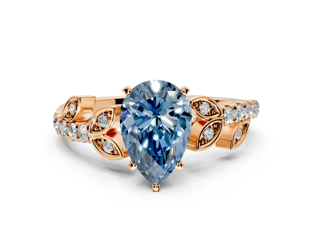 Leaf Motif Engagement Ring Setting for Fancy Blue Pear-Shaped Center with Pave Band and Prong Head in Rose Gold