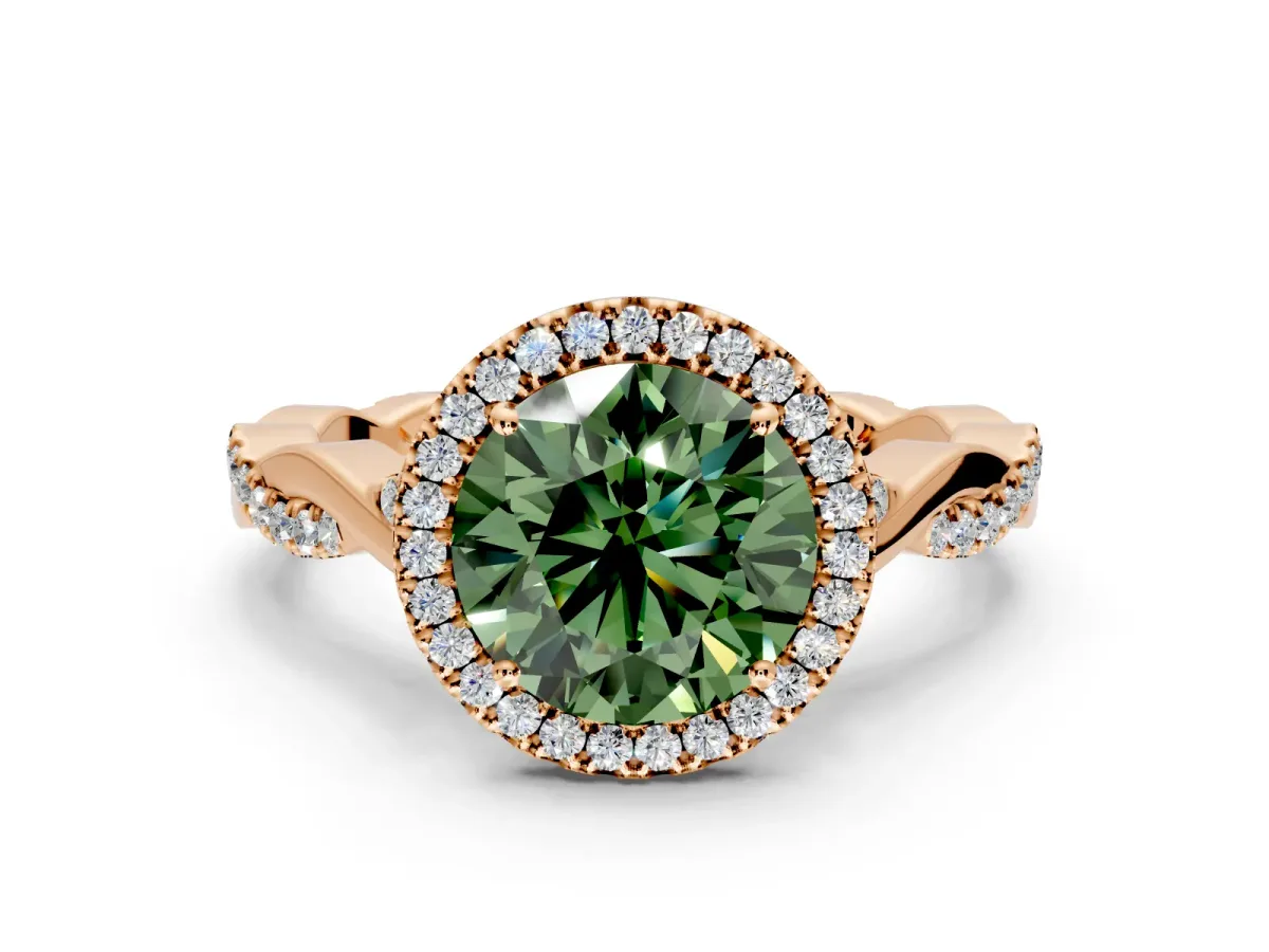 Halo Engagement Ring Setting for Fancy Green Round Cut Center with Twist Band and Prong Head in Rose Gold