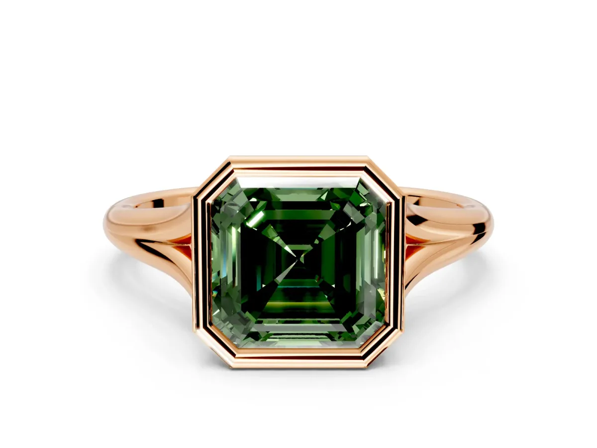 Solitaire Engagement Ring Setting for Fancy Green Asscher Cut Center with V Split Shank and Bezel Head in Rose Gold