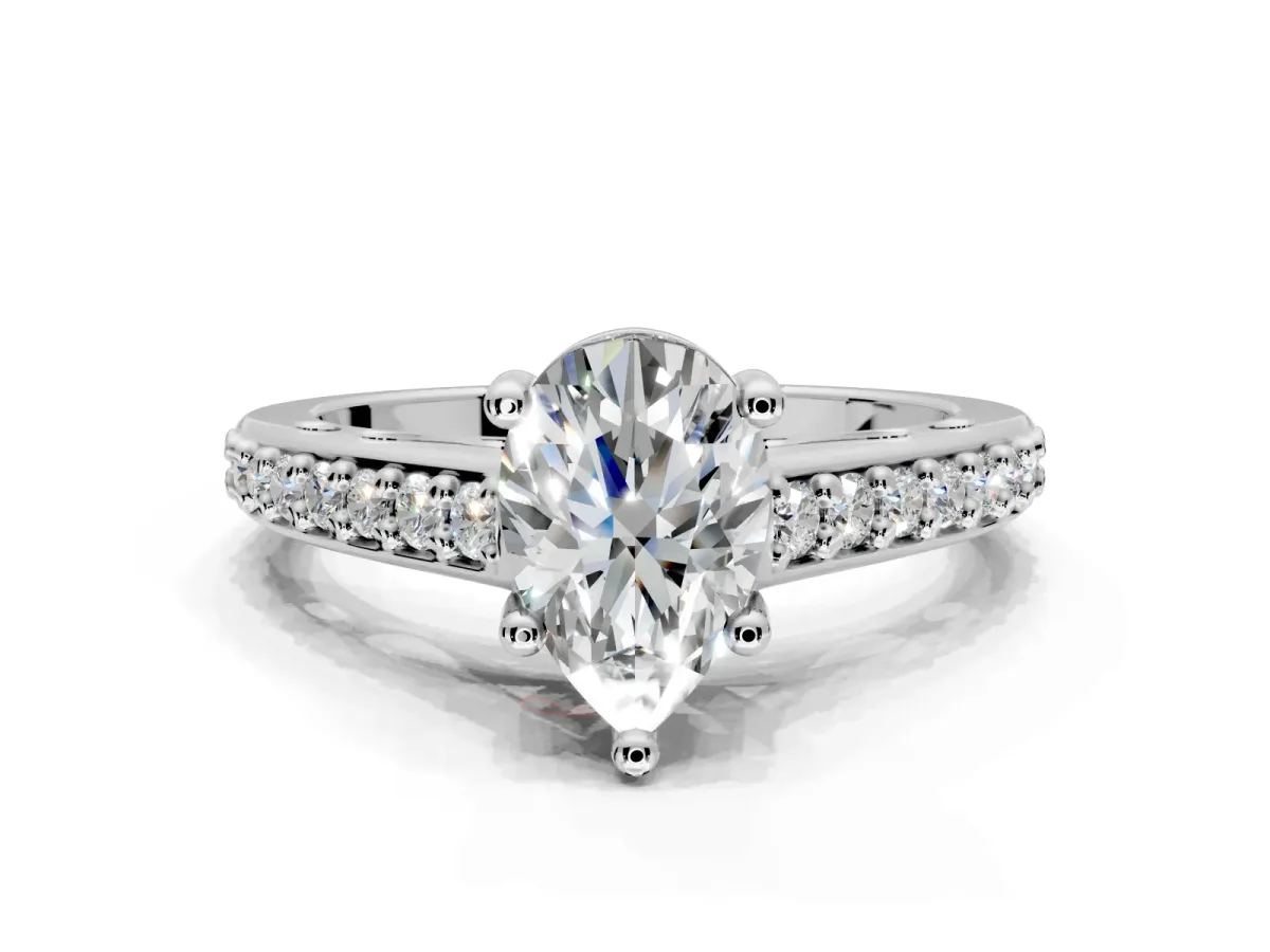 Solitaire Engagement Ring Setting for Pear-Shaped Center with Pave Cathedral Band and Prong Head in Sterling Silver