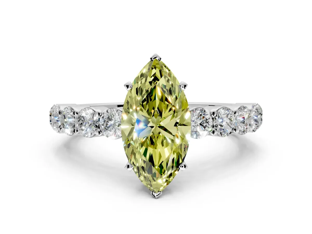 Shared-Prong Engagement Ring Setting for Fancy Yellow Marquise Center with Graduated Accents and Prong Head in Platinum
