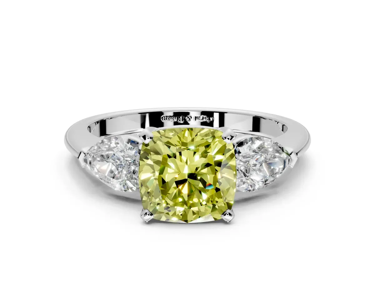 3 Stone Engagement Ring Setting for Fancy Yellow Cushion Cut Center with Large Pear-Shaped Accents and Prong Head in Platinum
