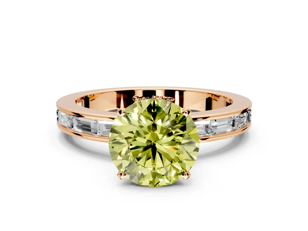 Solitaire Engagement Ring Setting for Fancy Yellow Round Cut Center with Channel Baguette Band and Prong Head in Rose Gold