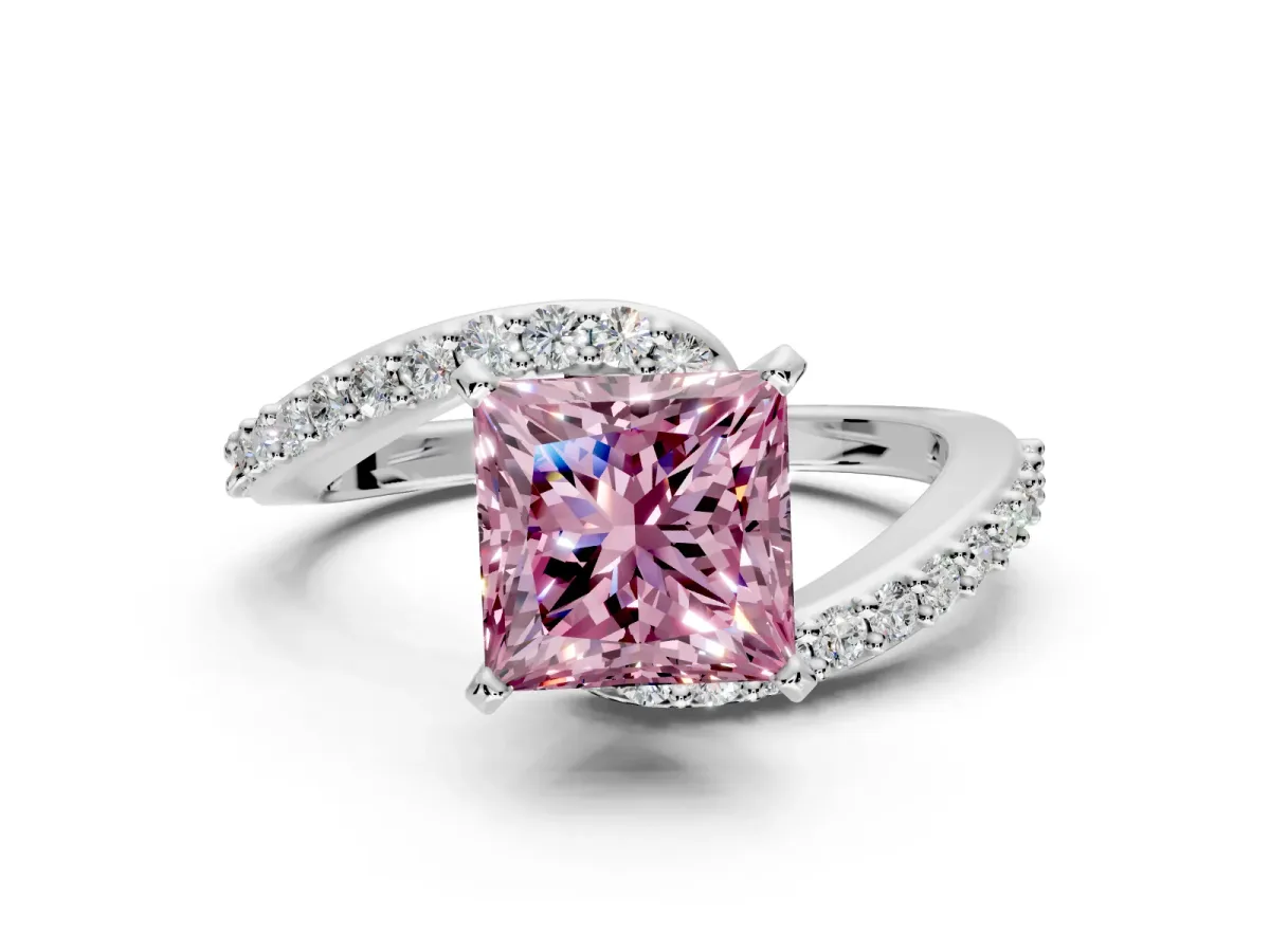 Solitaire Engagement Ring Setting for Fancy Pink Princess Cut Center with Pave Bypass Swirl Band and Prong Head in Platinum