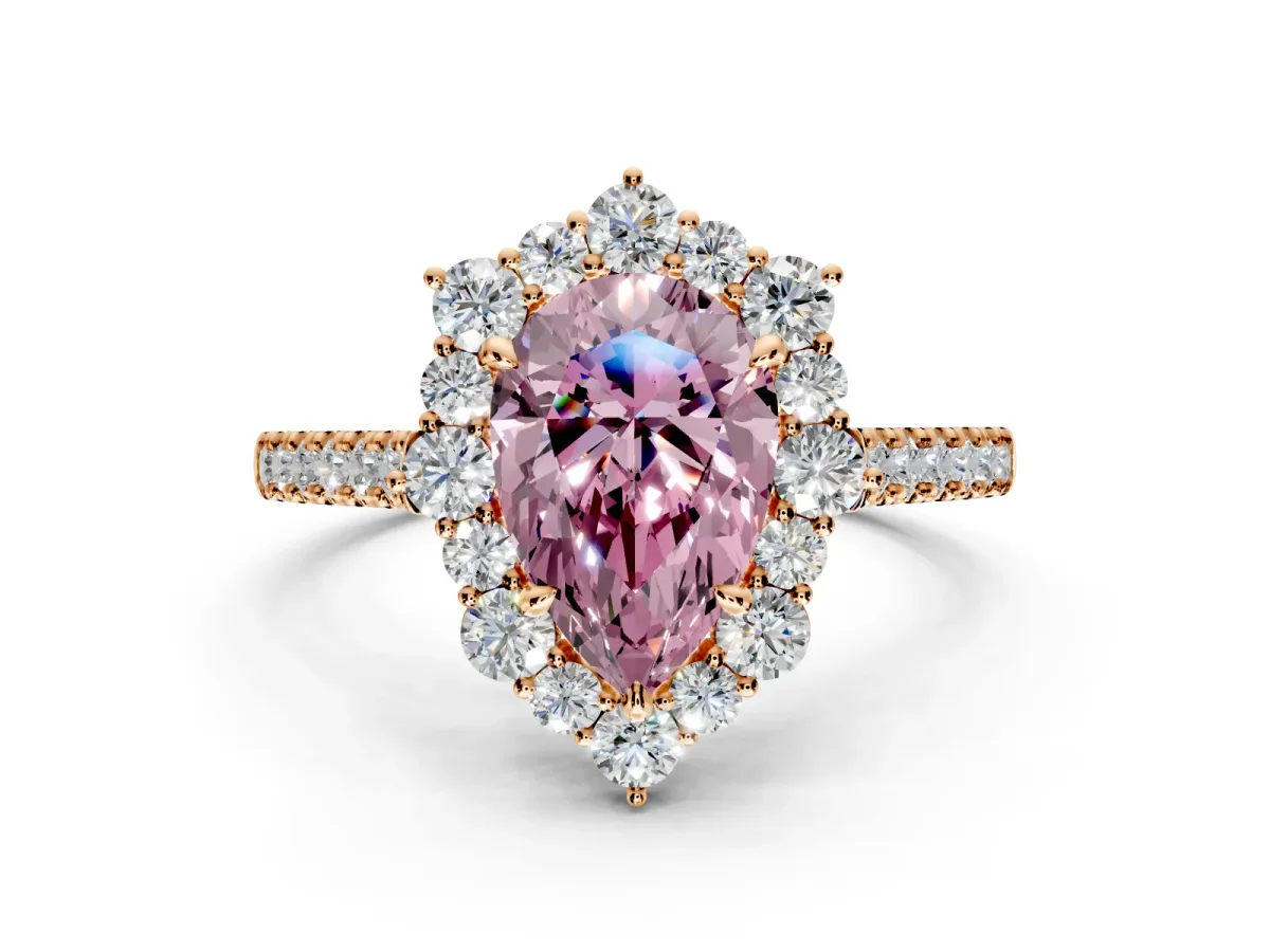 Halo Engagement Ring Setting for Fancy Pink Pear-Shaped Center with Single-Row Pave, Open Basket and Prong Head in Rose Gold