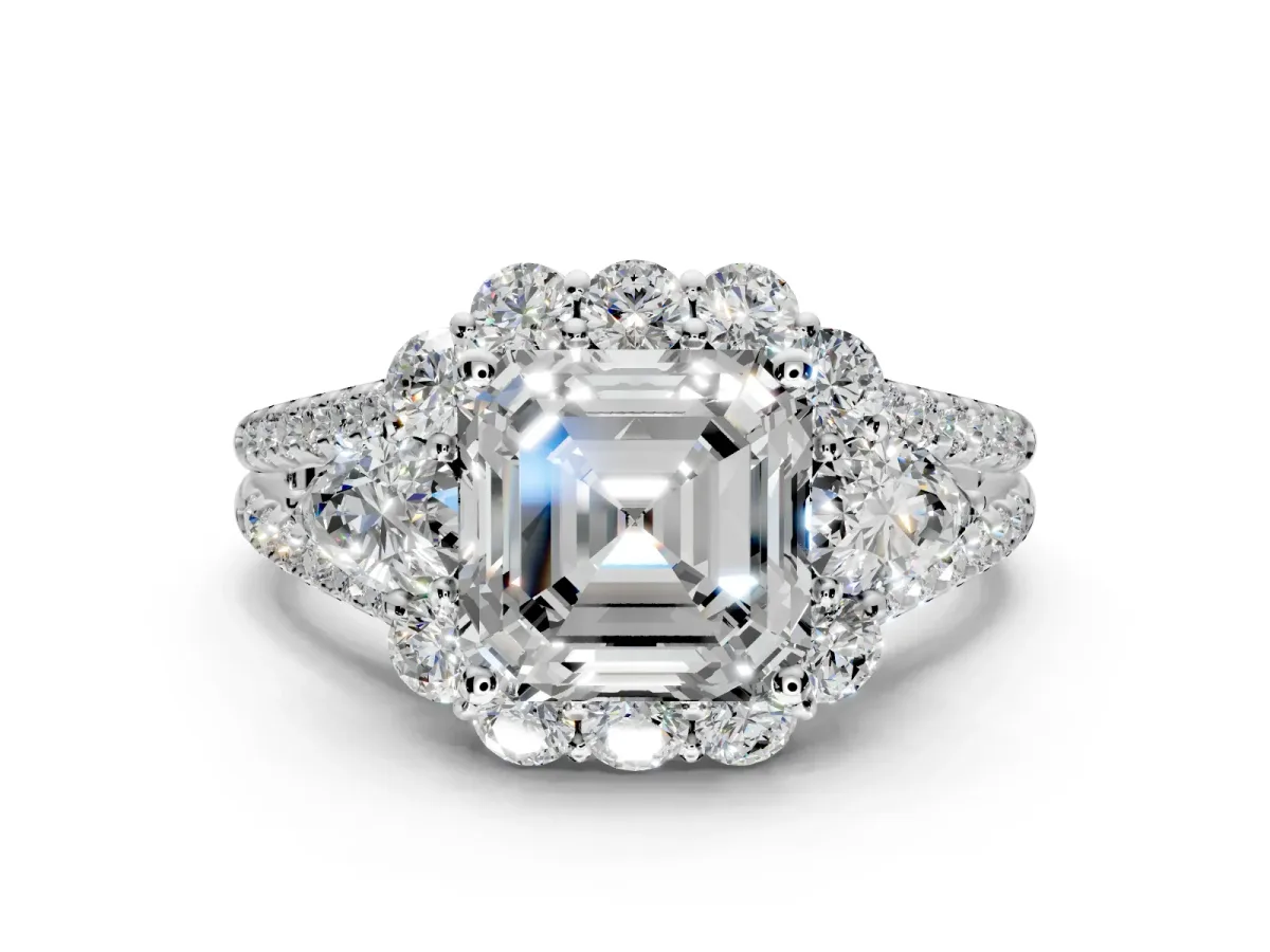 Halo Engagement Ring Setting for Asscher Cut Center with Two-Strand Split Shank and Prong Head in Sterling Silver