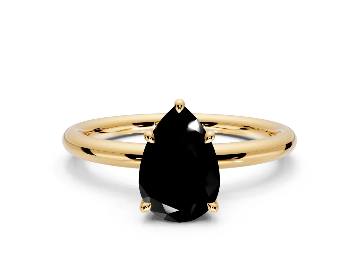 Hidden Halo Engagement Ring Setting for Fancy Black Pear-Shaped Center with Thin Rounded Band and Prong Head in Yellow Gold