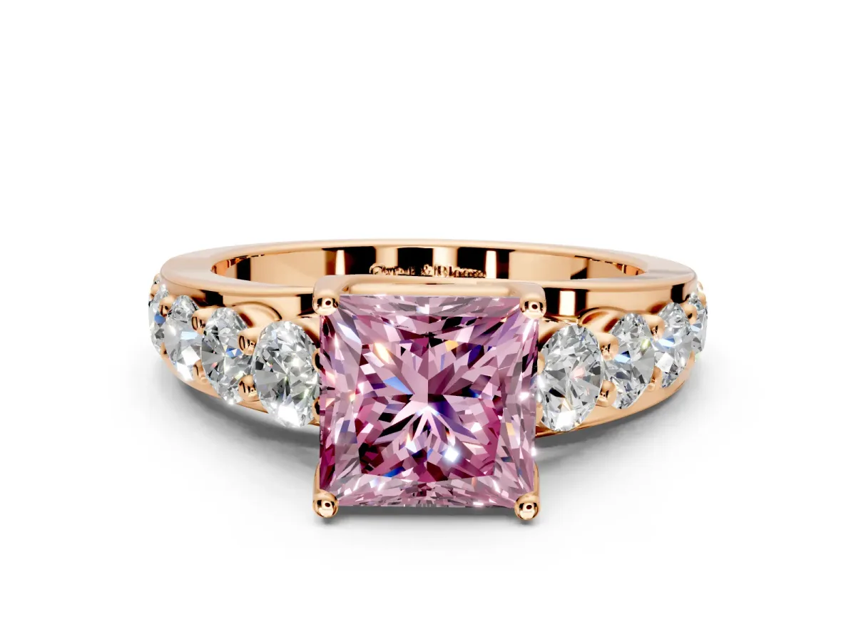Solitaire Engagement Ring Setting for Fancy Pink Princess Cut Center with Graduated Shared Prongs and Prong Head in Rose Gold