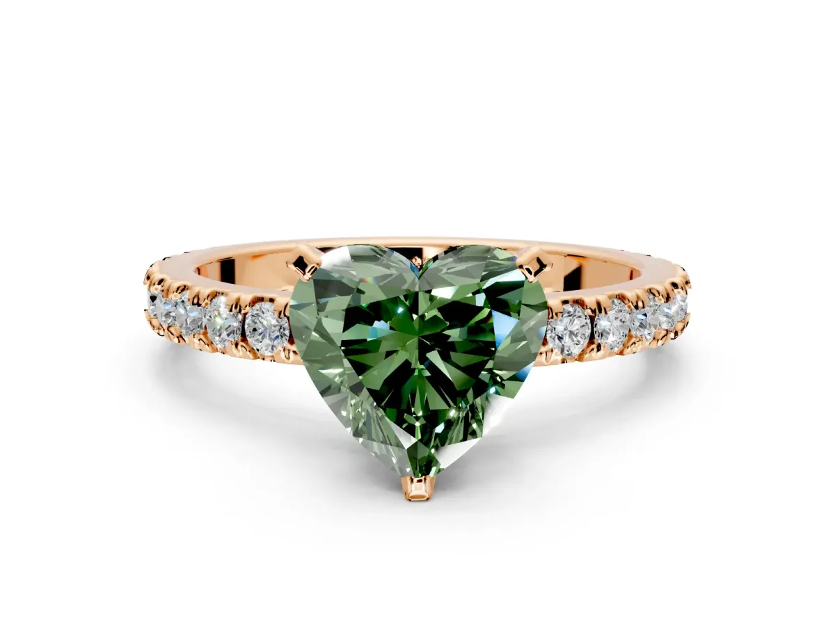 Solitaire Engagement Ring Setting for Fancy Green Heart-Shaped Center with Fine Pave Band and Claw Prong Head in Rose Gold